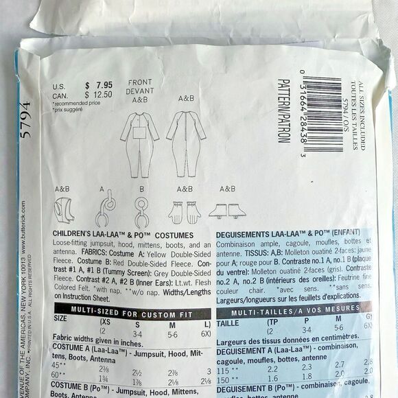 Vtg BUTTERICK 5794 Sewing Pattern TELETUBBIES LaLa Po Costume Kids 2-4 Halloween - Picture 5 of 5